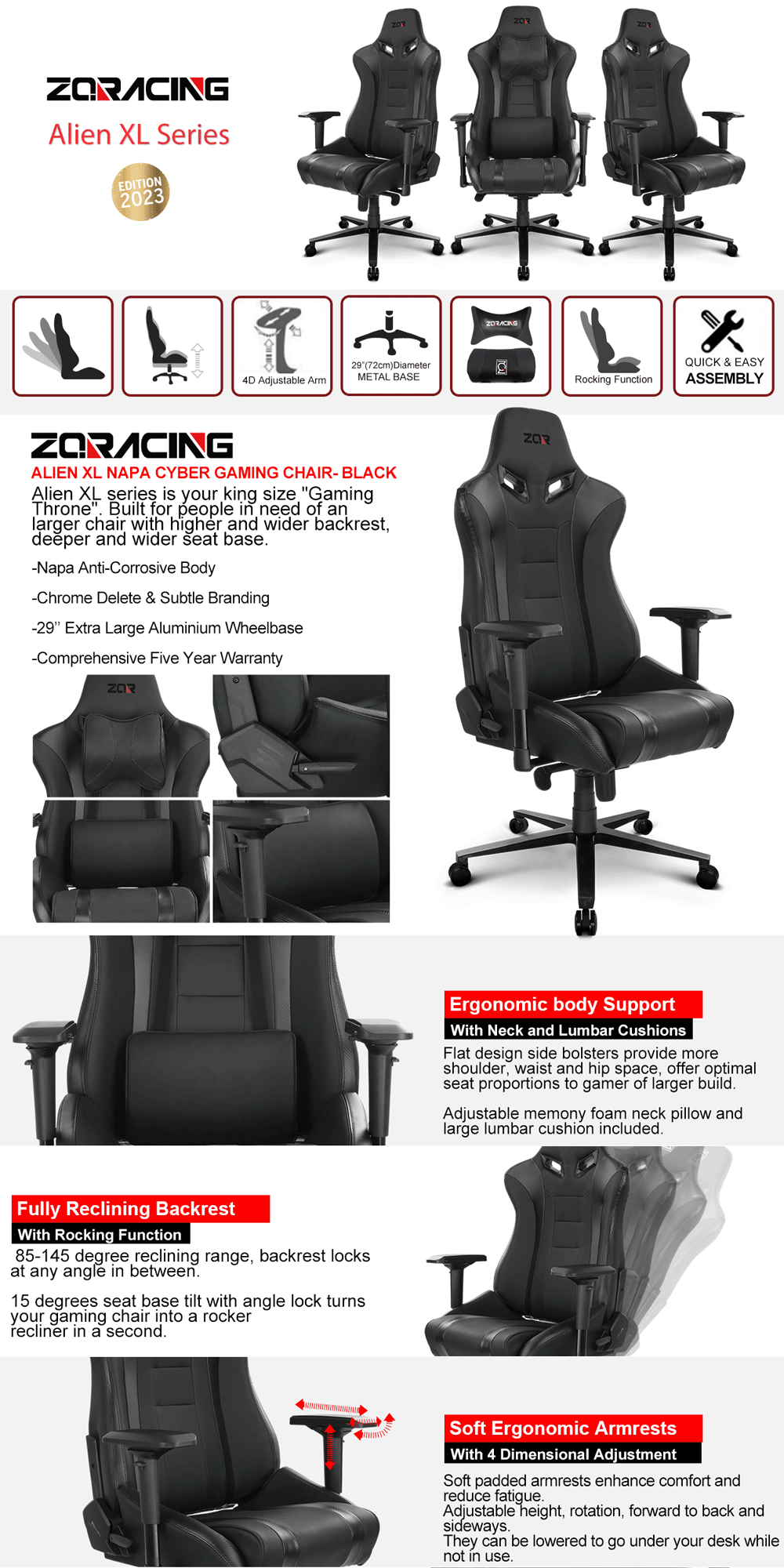 ZQRacing New 2023 Alien XL Series Napa Cyber Gaming Chair Black ZQRacing