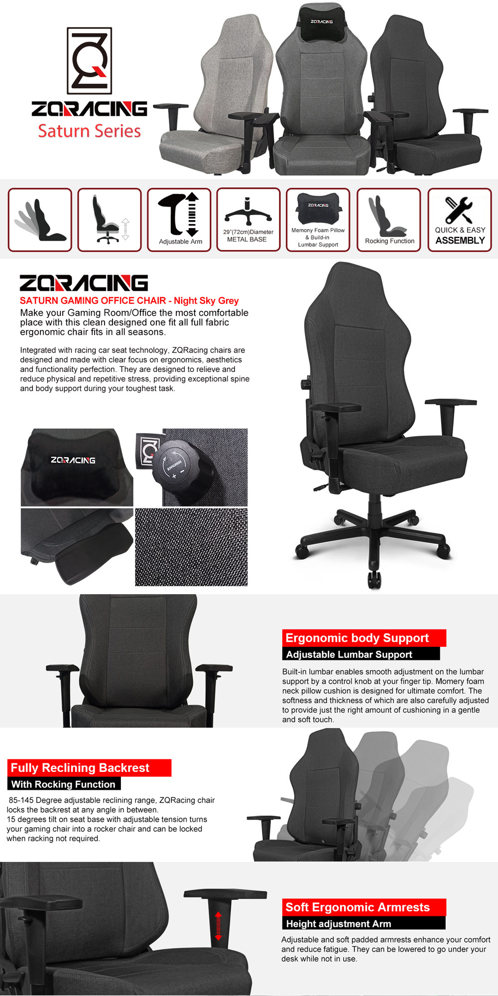 ZQRacing Saturn Series Cloth Fabric Gaming Office Chair Night Sky Gray ZQRacing